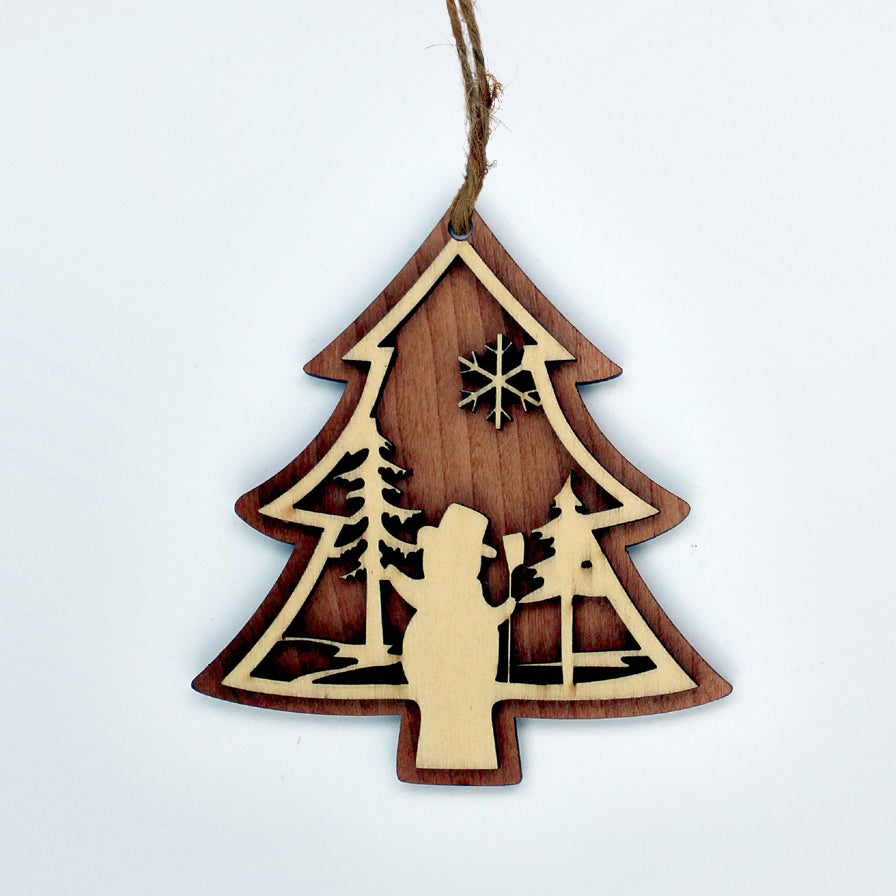 Laser Cut Christmas Tree With Snowman Wooden Ornament